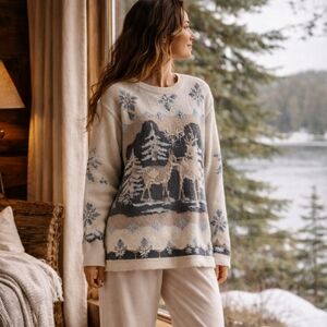 Vtg 90s Alfred Dunner Sweater M Ivory Nordic Deer Scenic Knit Beaded Snowflake